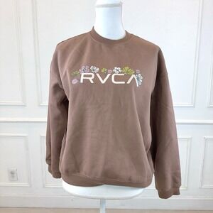 RVCA Women Brown Floral Logo Crewneck Sweatshirt Pullover‎ Long Sleeve Size L